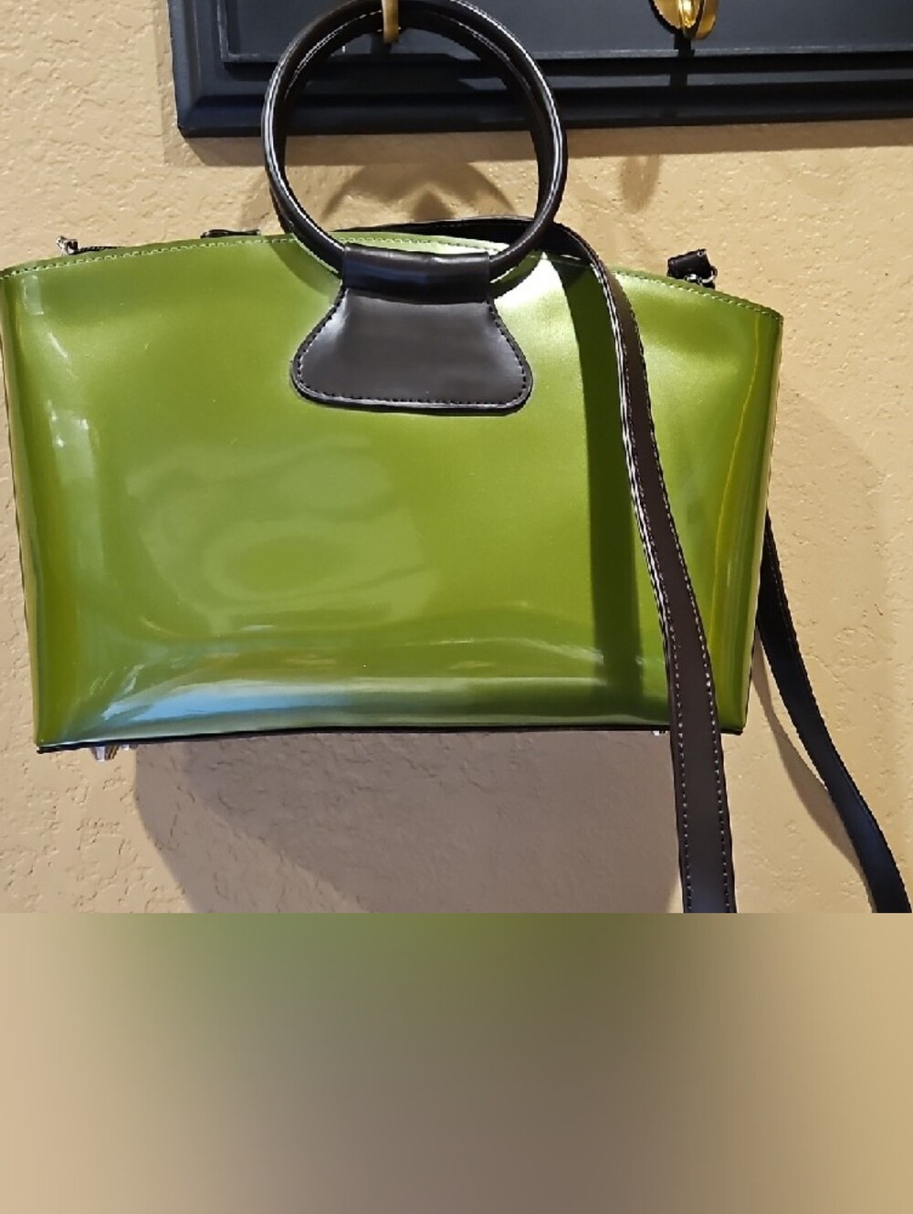 Olive Green Patent Tote with Black Ring Handles - Picture 5 of 7